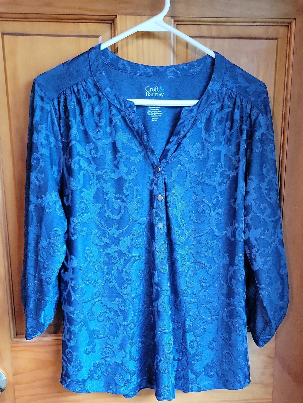 croft & barrow teal blue jacquard henley blouse